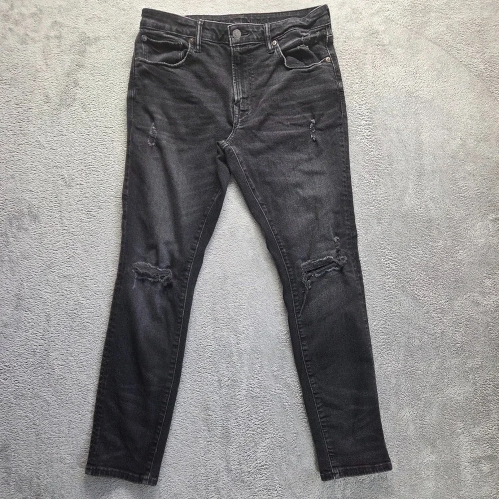 American Eagle Jeans Mens 34X32 Black Athletic‎ Skinny Mid Rise Distressed Denim